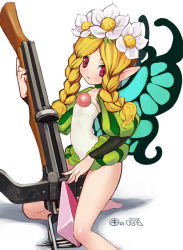 00s 1girl 2007 arched_back bare_legs barefoot blonde_hair bow_(weapon) braid crossbow dated fairy female_focus flat_chest flower hair_flower hair_ornament kei_jiei kneeling long_hair looking_at_viewer mercedes_(odin_sphere) odin_sphere on_one_knee parted_lips pointy_ears puff_and_slash_sleeves puffy_sleeves red_eyes shadow simple_background solo twin_braids vanillaware weapon white_background wings