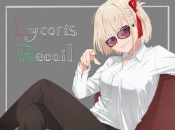 1girl absurdres belt blonde_hair brown_pants crossed_legs english_text evil_smile formal_clothes glasses grey_background hair_ornament highres komiya_harumoto long_sleeves looking_at_viewer lycoris_recoil nishikigi_chisato pants red-tinted_eyewear red_eyes shirt short_hair sitting smile solo tinted_eyewear white_shirt