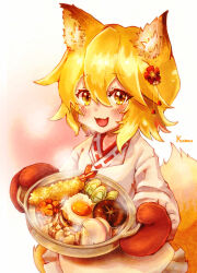 1girl :d animal_ear_fluff animal_ears apron blonde_hair blush cabbage cooking_pot egg_(food) flower food food_focus fox_ears fox_girl fox_tail hair_between_eyes hair_flower hair_ornament highres holding holding_cooking_pot japanese_clothes kamo_kamo kappougi kimono looking_at_viewer miko mittens mushroom nabe open_mouth oven_mitts red_mittens ribbon_trim senko_(sewayaki_kitsune_no_senko-san) sewayaki_kitsune_no_senko-san short_hair shrimp shrimp_tempura signature simple_background smile solo tail tempura white_kimono yellow_eyes