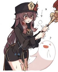 1girl ? az84997592 black_hat black_shorts blush boo_tao_(genshin_impact) brown_eyes brown_hair cropped_legs female_masturbation genshin_impact ghost hat heart heart-shaped_pupils holding holding_polearm holding_weapon hu_tao_(genshin_impact) long_hair long_sleeves masturbation open_mouth polearm porkpie_hat shorts simple_background solo symbol-shaped_pupils weapon white_background