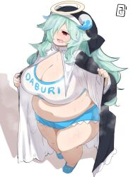 Rule 34 | 1girl, black robe, blue shorts, blue slippers, breasts, cleavage, coif, crop top, doubliel, fake halo, fat, fat woman, from above, green hair, habit, hair over one eye, halo, highres, horns, horns through hood, large breasts, long hair, mahjong fight girl, messy hair, mizsawa, nun, one eye covered, open clothes, open mouth, open robe, plump, red eyes, robe, shirt, short shorts, shorts, slippers, solo, standing, sweat, thick thighs, thighs, white background, white shirt, wimple, zuisawa