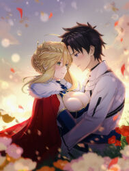 Rule 34 | 1boy, 1girl, absurdres, artoria pendragon (fate), artoria pendragon (lancer) (fate), black hair, blonde hair, blue eyes, braid, breasts, bun with braided base, cape, cleavage, crown, fate/grand order, fate (series), fujimaru ritsuka (male), fur-trimmed cape, fur trim, green eyes, highres, hug, jacket, large breasts, light blush, long sleeves, looking at another, parted lips, red cape, short hair, sidelocks, sunlight, toomishou, upper body, white jacket