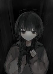 1girl absurdres black_bow black_bowtie black_eyes black_hair black_sailor_collar blunt_bangs bow bowtie braid closed_mouth expressionless grey_sweater highres kanau_(u_u_zzx) long_hair looking_at_viewer low_twin_braids original sailor_collar single_sleeve_past_fingers solo sweater twin_braids twintails
