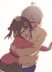 1boy 1girl :d ^_^ ahoge belt black_hair black_skirt brother_and_sister closed_eyes commentary hair_ornament hair_ribbon hairclip hand_on_another&#039;s_head headpat highres hug long_sleeves multicolored_hair onii-chan_wa_oshimai! open_mouth oyama_mahiro_(male) oyama_mihari purple_hair red_ribbon red_shirt ribbon rtbspecter shirt siblings simple_background skirt smile twintails two-tone_hair untucked_shirt white_background white_hair