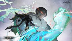 1boy arm_up black_coat brown_hair clenched_hand coat energy fur-trimmed_coat fur_trim game_cg glowing glowing_eye hair_over_one_eye highres kang_horyang light_trail looking_at_viewer muscular naye official_art one_eye_covered orange_eyes shaded_face short_hair single_wing solo tower_of_god tower_of_god:_great_journey wings