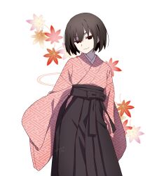 1girl :3 absurdres artist_name autumn_leaves black_eyes black_hair black_hakama black_skirt bob_cut breasts closed_mouth commentary_request dated feet_out_of_frame hair_between_eyes hakama hakama_skirt head_tilt highres initial japanese_clothes juban kimono leaf long_sleeves looking_at_viewer loose_hair_strand manimani_(mani_ma) maple_leaf monogatari_(series) narrowed_eyes oshino_ougi pale_skin pink_kimono print_kimono red_leaf short_hair signature simple_background skirt sleeves_past_fingers sleeves_past_wrists small_breasts smile smug solo standing turning_head unmoving_pattern very_long_sleeves white_background wide_sleeves
