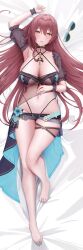 1girl absurdres bare_legs barefoot bikini black_bikini blue_nails breasts brown_hair cleavage commentary_request dakimakura_(object) eden_(flowing_rhyme)_(honkai_impact) eden_(honkai_impact) feet high-waist_bikini highres honkai_(series) honkai_impact_3rd kallen_majnun large_breasts legs long_hair lying navel official_alternate_costume on_back parted_lips pillow scrunchie see-through_clothes see-through_sleeves solo stomach sunglasses swimsuit toes unworn_eyewear wrist_scrunchie yellow_eyes