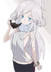 1girl absurdres black_pants blue_eyes blue_scarf bracelet breasts closed_mouth commentary_request cowboy_shot deux_murasame freckles frown grey_background grey_hair gundam gundam_gquuuuuux highres holding holding_mask jewelry long_hair looking_at_viewer mask pants scarf shoes sideless_sweater skinny sleeveless sleeveless_sweater small_breasts sneakers solo sweater unworn_mask very_long_hair white_background white_sweater xexu4577
