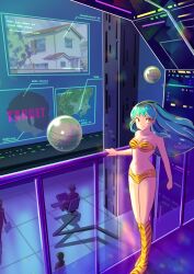 Rule 34 | 1girl, 3others, absurdres, animal print, artist name, bikini, breasts, chair, cleavage, closed mouth, commentary, cone horns, green hair, hand on railing, highres, horns, house, indoors, kneehighs, long hair, lum, medium breasts, miz mus, moroboshi ataru, multiple others, navel, oni, orange eyes, print bikini, print socks, railing, science fiction, sidelocks, sitting, smile, socks, solo focus, standing, swimsuit, tiger print, tile floor, tiles, twitter username, urusei yatsura