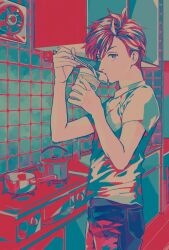 Rule 34 | 1boy, belt, blue eyes, chopsticks, collared shirt, counter, cup ramen, cupboard, eating, food, from side, highres, holding, holding chopsticks, holding food, kettle, kitchen, limited palette, looking to the side, male focus, original, pants, red hair, saucepan, sharp911, shirt, short hair, short sleeves, solo, stove, tile wall, tiles, ventilation fan