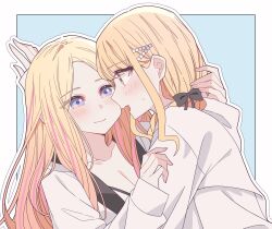 2girls black_bow blonde_hair blue_background blush border bow breasts cleavage closed_mouth commentary fang fujita_kotone gakuen_idolmaster hair_bow hair_ornament hairclip highres hood hoodie idolmaster juo_sena kousaka_0v0 long_hair looking_at_another multicolored_hair multiple_girls outline pink_hair purple_eyes simple_background skin_fang smile streaked_hair sweatdrop white_border white_hoodie white_outline yellow_eyes yuri