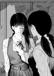 Rule 34 | 1girl, blood, blood on hands, broken mirror, chainsaw man, collared shirt, dress, dual persona, facial scar, flower, fourth east high school uniform, greyscale, highres, kiunchiku, long hair, long sleeves, low twintails, mirror, mitaka asa, monochrome, pinafore dress, ringed eyes, scar, scar on cheek, scar on face, school uniform, shirt, sleeveless, sleeveless dress, twintails, yoru (chainsaw man)