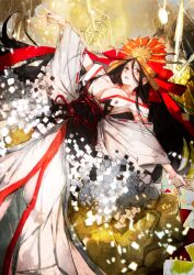 1girl arm_tattoo bead_necklace beads breasts brown_eyes brown_hair cleavage detached_sleeves dress facial_tattoo fate/grand_order fate_(series) floating_hair game_cg hair_between_eyes hands_up headdress himiko_(fate) himiko_(third_ascension)_(fate) japanese_clothes jewelry large_breasts long_dress long_sleeves looking_to_the_side neck_tattoo necklace off_shoulder official_art open_mouth outstretched_arms overskirt plunging_neckline sideless_dress solo tattoo third-party_source toi8 underboob white_dress wide_sleeves