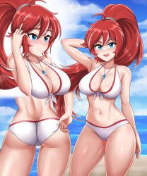 1girl arm_behind_back artistic_error ass ass_focus bad_multiple_views beach bikini blue_eyes blue_sky blush breasts canadiananiguy cleavage closed_mouth cloud collarbone commentary day english_commentary eyebrows_hidden_by_hair facing_viewer front-tie_bikini_top front-tie_top hair_elastic high_ponytail highres large_breasts long_hair looking_at_viewer multicolored_bikini multicolored_hair multiple_views navel ocean open_mouth original outdoors ponytail red_bikini red_hair sky smile solar_(canadiananiguy) solo standing streaked_hair swimsuit thighs very_long_hair white_bikini white_hair wrong_hand