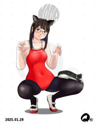 Rule 34 | 1girl, animal ears, artist logo, black hair, black pantyhose, blue eyes, breasts, cat, cat ears, clothes writing, competition school swimsuit, curled fingers, glasses, logo, long hair, medium breasts, one-piece swimsuit, original, pantyhose, q98780409, red one-piece swimsuit, school swimsuit, shoes, simple background, solo, squatting, swimsuit, uwabaki, white background