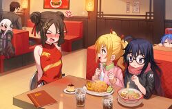 1boy 5girls :3 =_= absurdres ahoge anger_vein arms_behind_back bare_arms bare_shoulders black_hair black_jacket blonde_hair blue_hair blush booth_seating bowl breasts brown_hair burger character_request cherry china_dress chinese_clothes chinese_restaurant clenched_hands closed_eyes coffee_mug commentary copyright_request covered_navel cup double_bun dragon_print dress drinking_glass eating embarrassed english_commentary food fork fried_egg fruit glasses hair_bun hair_ornament hair_ribbon highres holding holding_fork holding_tray ice ice_cube indoors izumi_konata jacket lantern larissa_(luxuriou_s) long_hair long_sleeves lucky_star luxuriou_s meat medium_hair mei_(luxuriou_s) menu mug multiple_girls noodles open_clothes open_jacket open_mouth original paper_lantern pink_jacket print_dress pudding purple_eyes red_dress red_ribbon red_scarf restaurant ribbon round_eyewear scarf shella_(luxuriou_s) shirt shrimp shrimp_tempura sidelocks sleeveless sleeveless_dress small_breasts smile snake_hair_ornament soda table tempura tile_floor tiles tray twintails waitress white_hair white_shirt wooden_table yellow_eyes