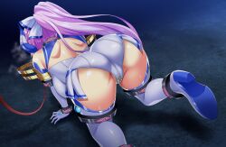 1girl all_fours ass bdsm bondage boots bound breasts cameltoe collar crawling elbow_gloves element_venus from_behind gloves high_heels highres horns kisaragi_nozomi large_breasts leash leotard long_hair magical_girl pet_play pink_hair ponytail purple_hair shinsou_seiki_elementia shiny_skin sirano skin_tight slave solo thigh_boots thighhighs viewer_holding_leash white_gloves white_leotard white_thighhighs