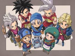 1girl 1other 6+boys aged_down apron aqua_dress aqua_eyes arm_tattoo bag black_hair black_shirt blonde_hair blue_eyes blue_tunic blue_vest boned_meat braid child commentary_request crossed_arms dragon_quest dragon_quest_monsters dragon_quest_monsters:_caravan_heart dragon_quest_monsters:_terry&#039;s_wonderland dragon_quest_monsters_2 dragon_quest_monsters_joker dragon_quest_monsters_joker_2 dragon_quest_monsters_joker_3 dragon_quest_vi dragon_quest_vii dress earrings food from_above fuzzy_(dragon_quest) grin hair_pulled_back hands_on_own_hips hero_(dqmj) hero_(dqmj2) hero_(dqmj3) highres holding holding_food hoop_earrings in-franchise_crossover iru_(dq) jewelry kiefer looking_at_viewer looking_up low_twin_braids luca_(dragon_quest) meat multiple_boys neckerchief orange_bag orange_hair pants pink_neckerchief purple_eyes purple_sash red_sash sash shirt shoulder_bag smile spiked_hair tattoo terry_(dq6) thumbs_up toriyama_akira_(style) tunic twin_braids v vest white_apron white_hair yellow_pants yellow_vest yuto_sakurai