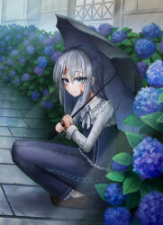 1girl black_umbrella blue_dress bow bowtie burn_scar commentary dorei_to_no_seikatsu_~teaching_feeling~ dress flower frills full_body grey_eyes grey_hair hair_ornament hairclip hashtag-only_commentary highres holding holding_umbrella long_hair looking_at_viewer scar scar_on_arm shoes smile solo squatting stone_floor sylvie_(dorei_to_no_seikatsu) umbrella unrann