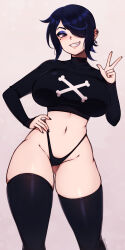 1girl absurdres black_thighhighs bone breasts cowboy_shot ear_piercing earrings eyeshadow fang grin hair_over_one_eye hand_on_own_hip highres jewelry large_breasts long_sleeves makeup midriff navel original piercing pubic_hair pubic_hair_peek short_hair sidelocks simple_background smile solo the_scarlet_devil thighhighs v vivienne_(the_scarlet_devil)