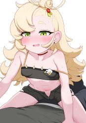 1boy 1girl absurdres bare_shoulders black_shorts blackness_(blackness661) blonde_hair blush breasts commentary_request crop_top earrings green_eyes hair_bun highres jewelry loli long_hair navel open_mouth piper_wheel short_shorts shorts sitting small_breasts solo_focus stomach straddling strap_slip stud_earrings sweat zenless_zone_zero