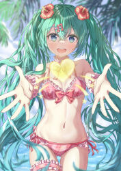 1girl :d aqua_hair bikini blue_eyes blurry blurry_background blurry_foreground blush bow bow_bikini collarbone cowboy_shot crossed_bangs floating_hair flower fortissimo frilled_bikini frills hair_between_eyes hair_flower hair_ornament hatsune_miku heart hibiscus highres long_hair looking_at_viewer musical_note musical_note_hair_ornament neck_ribbon open_mouth outstretched_hand pink_bikini pink_ribbon plaid_bikini plaid_clothes qussie red_flower ribbon side-tie_bikini_bottom smile solo standing summer swimsuit thigh_gap thigh_strap very_long_hair vocaloid wrist_cuffs