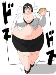 1girl big_belly black_eyes black_hair black_skirt food long_hair pencil_skirt shirt skirt weight_gain white_shirt