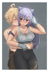 1boy 1girl aether_(genshin_impact) ahoge alternate_costume alternate_hair_length alternate_hairstyle armband bare_shoulders black_leggings blonde_hair border breasts brown_pants cleavage closed_eyes closed_mouth commentary cone_hair_bun couple covered_erect_nipples cowboy_shot double_bun genshin_impact gloves grey_background grey_gloves grey_sports_bra hair_between_eyes hair_bun hair_ribbon hand_on_another&#039;s_wrist hand_up hetero high-waist_pants highres hug hug_from_behind interlocked_fingers keqing_(genshin_impact) large_breasts leggings long_hair looking_at_viewer open_mouth own_hands_clasped own_hands_together pants purple_armband purple_eyes purple_hair ribbon short_hair simple_background sports_bra sweat sweaty_clothes topless_male valenthania white_border