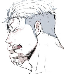 2boys bara blush facial_hair finger_in_another&#039;s_mouth large_pectorals looking_back male_focus mature_male medium_sideburns multiple_boys nude one_piece pectorals portrait profile saliva scar scar_on_face scar_on_forehead short_hair sideburns_stubble smoker_(one_piece) solo_focus sparse_stubble spot_color stitches stubble sweat thick_neck tongue trafalgar_law tsurime white_hair yamakazi47 yaoi