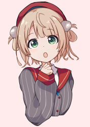 Rule 34 | 1girl, :o, absurdres, beret, blonde hair, clip studio paint (medium), green eyes, grey shirt, hair ornament, hat, highres, indie virtual youtuber, long sleeves, looking at viewer, open mouth, pom pom (clothes), pom pom hair ornament, red hat, red sailor collar, sailor collar, shigure ui (vtuber), shirt, short hair, simple background, sleeves past wrists, solo, striped clothes, striped shirt, surprised, two side up, upper body, vertical-striped clothes, vertical-striped shirt, virtual youtuber, white background, zhaoentw