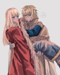 2boys absurdres androgynous anger_vein annoyed blonde_hair blunt_bangs blush brown_eyes canute carrying closed_mouth fur_trim hair_between_eyes harumakijiro highres long_hair looking_at_viewer male_focus multiple_boys prince simple_background speech_bubble sweat thorfinn viking vinland_saga yaoi