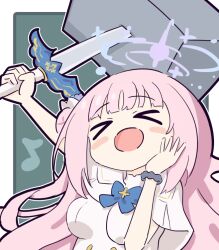 1girl blue_archive blush blush_stickers capelet chibi dress halo long_hair mika_(blue_archive) no_nose pink_hair scrunchie smile solo sword umihio upper_body very_long_hair weapon white_dress wrist_scrunchie