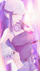 1girl bare_shoulders baseball_cap black_tank_top blue_archive blue_eyes blue_hair cellphone denim denim_shorts drink drinking_straw drinking_straw_in_mouth hat headphones headphones_around_neck highres holding holding_drink holding_phone jacket looking_at_viewer official_alternate_costume official_alternate_hairstyle phone saori_(blue_archive) saori_(swimsuit)_(blue_archive) shorts smartphone solo tank_top ula_ula00 white_hat white_jacket