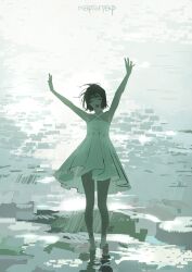Rule 34 | 1girl, alien stage, alternate costume, arms up, barefoot, black hair, closed eyes, commentary, dress, halter dress, halterneck, hashtag-only commentary, highres, martographic, open mouth, short hair, signature, soaking feet, solo, sua (alien stage), water, white dress