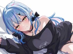 1girl ahoge black_bow black_choker black_sweater blue_hair bow braid breasts character_print choker closed_mouth commentary_request double-parted_bangs elf hair_between_eyes hair_bow hair_ornament hairclip heart heart_ahoge highres hololive large_breasts long_hair long_sleeves looking_at_viewer low_twintails lying multicolored_hair no_pants official_alternate_costume official_alternate_hairstyle on_side pointy_ears print_sweater side_braid simple_background single_off_shoulder sleeves_past_wrists smile solo streaked_hair sweater thigh_strap twintails virtual_youtuber white_background yellow_eyes you06 yukihana_lamy yukihana_lamy_(cyber)