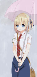Rule 34 | 1girl, absurdres, armband, bag, belt, black belt, blonde hair, blue eyes, blue skirt, diagonal-striped clothes, diagonal-striped necktie, highres, hinai paulette, holding, holding umbrella, maitetsu, necktie, pencil skirt, rain, red necktie, rhj9b9r, satchel, shirt, short hair, short sleeves, skirt, smile, solo, striped clothes, umbrella, white armband, white shirt