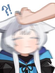 Rule 34 | !?, 1girl, absurdres, animal ears, arknights, cat ears, cat girl, closed eyes, closed mouth, grey hair, headpat, highres, holypotato0, long hair, motion blur, portrait, rosmontis (arknights), simple background, solo focus, white background