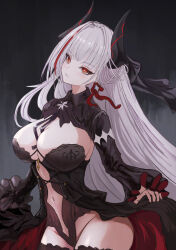 1girl absurdres admiral_zenker_(azur_lane) azur_lane black_dress black_horns black_thighhighs breasts center_opening closed_mouth dress ear_piercing fuyuame5089 highres horns lace lace-trimmed_thighhighs lace_trim large_breasts lips long_hair looking_at_viewer multicolored_hair navel orange_eyes piercing red_hair red_streaks solo stomach thighhighs very_long_hair white_hair