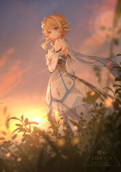 1girl absurdres arm_armor bare_shoulders blonde_hair breasts commentary_request copyright_name dated detached_sleeves dress feather_hair_ornament feathers flower from_behind from_below full_body genshin_impact h1910984490 hair_flower hair_ornament hand_on_own_chest highres looking_at_viewer looking_back lumine_(genshin_impact) medium_breasts outdoors parted_lips plant scarf short_hair_with_long_locks solo sunrise thighhighs white_dress white_flower white_scarf white_thighhighs yellow_eyes
