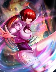 1girl arms_up breasts cleavage_cutout clothing_cutout curvy dress female_focus fishnets hand_up highres huge_breasts jacket large_breasts leg_up long_hair outdoors pale_skin red_hair shermie_(kof) skirt the_king_of_fighters the_king_of_fighters_all-stars thick_thighs thighs