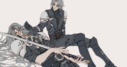 2boys aged_down armor black_boots black_coat black_gloves black_pants boots closed_eyes coat dual_persona feet_out_of_frame final_fantasy final_fantasy_vii final_fantasy_vii_ever_crisis gloves green_eyes grey_hair hashtag-only_commentary highres holding holding_sword holding_weapon long_hair looking_at_another lying masamune_(ff7) multiple_boys on_back pants ribbed_sweater sephiroth sephiroth_(ever_crisis) short_hair shoulder_armor simple_background sitting sweater sword turtleneck turtleneck_sweater weapon yidanqiii