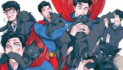 1boy animal animalization batman_(series) belt black-framed_eyewear black_cat black_hair black_jacket blue_bodysuit blue_eyes bodysuit briefs bruce_wayne cape cat clark_kent claws commentary covered_mouth dc_comics eye_contact fangs grin holding holding_animal holding_cat jacket juneseo kissing_head laughing layered_sleeves long_sleeves looking_at_another looking_to_the_side male_focus male_underwear multiple_views open_clothes open_jacket red_cape scratches short_hair signature smile suit_jacket superman superman_(series) teeth underwear white_background wide-eyed yellow_belt