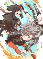 &gt;_&lt; 2girls absurdres bird_tail biting black_hair blonde_hair boots closed_eyes dress elbow_gloves eyelashes gloom_(expression) gloves green_eyes grey_hair hakoneko_(marisa19899200) highres hood hood_down hooded_jacket jacket kemono_friends leggings long_sleeves medium_hair multicolored_hair multiple_girls okinawa_habu_(kemono_friends) okinawa_rail_(kemono_friends) print_footwear print_jacket red_hair sandals screaming shaded_face shockwave short_dress skirt slit_pupils snakeskin_print sonic_boom_(speed) spread_fingers surprised tail white_hair wide-eyed