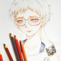1girl arm_behind_head blue_eyes blush bracelet brooch closed_mouth colored_pencil colored_pencil_(medium) eyelashes glasses hand_on_own_neck jewelry kyokugen_dasshutsu miidochannel mismatched_eyebrows pencil phi_(kyokugen_dasshutsu) photo_(medium) portrait short_hair smile solo traditional_media very_short_hair white_background white_hair zero_escape:_toki_no_dilemma