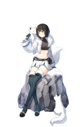 1girl :d ahoge belt belt_pouch black_gloves black_hair black_shirt blue_eyes boots breasts carrying closers crop_top cropped_jacket fang fox_tail full_body gloves grey_boots grey_thighhighs highres hood hooded_jacket jacket large_breasts leg_up long_sleeves looking_to_the_side midriff miniskirt official_art open_clothes open_jacket open_mouth pouch puffy_long_sleeves puffy_sleeves ribbed_shirt shirt short_hair skirt smile snowman solo sweatdrio tail tail_raised thigh_boots thighhighs thighs white_background white_jacket white_skirt yuri_seo zettai_ryouiki