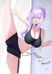 1girl black_choker black_shorts black_sports_bra blush breasts choker cleavage collarbone corrupted_twitter_file crescent crescent_hair_ornament eepy_sleepy eepy_sleepy_(sleepy_2.0) english_text fienly hair_ornament heart highres large_breasts leg_up long_hair navel open_mouth phase_connect pointy_ears purple_eyes purple_hair shorts side_ponytail solo sports_bra star_(symbol) star_choker star_hair_ornament stretching tongue tongue_out trembling virtual_youtuber