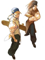 Rule 34 | 2boys, bare shoulders, baseball cap, black footwear, black hair, black pants, blue trim, braid, bridal gauntlets, brothers, brown eyes, brown hair, chinese clothes, clenched hand, closed mouth, commentary, crossed arms, hashtag-only commentary, hat, highres, holding, holding skateboard, long bangs, long hair, male focus, mandarin collar, momomo82345, multicolored hat, multiple boys, muscular, muscular male, pants, red shirt, shirt, shoes, siblings, simple background, single braid, skateboard, sleeveless, smile, sneakers, standing, street fighter, street fighter iii (series), twins, white background, white shirt, yang lee, yellow bridal gauntlets, yellow trim, yun lee