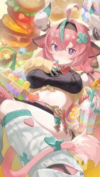 absurdres ahoge animal_ears aqua_hair bell black_skirt bow braid breasts bright_pupils burger cow_ears cow_girl cow_horns cow_tail cowbell detached_sleeves drink finger_in_own_mouth food genshin_impact hair_ornament hairband heart highres holding holding_drink horns ikkin leg_warmers long_hair looking_at_viewer midriff multicolored_hair pink_hair purple_eyes shoes skirt sneakers streaked_hair tail twin_braids varesa_(genshin_impact) white_leg_warmers yellow_sleeves