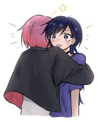 2girls black_choker black_hair blue_hair blush choker commentary cropped_legs fang hug jacket kororon_(song) long_hair multiple_girls okami-chan_(kororon) open_mouth pink_hair purple_shirt sakamomo0717 shirt short_hair star_(symbol) surprised symbol-only_commentary tears tora-chan_(kororon) white_background