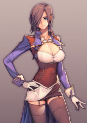1girl ark_royal_(azur_lane) azur_lane black_hair black_thighhighs blue_eyes breasts cleavage cowboy_shot earrings female_focus garter_straps gloves hair_over_one_eye highres jewelry large_breasts long_sleeves oda_non short_hair simple_background smile solo thighhighs
